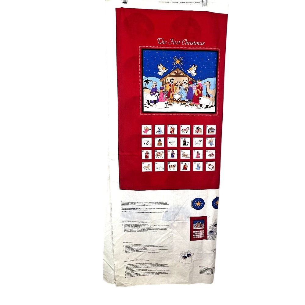 VIP Follow The Star Nativity Advent Calendar Fabric Panel Ornaments Red Cotton
